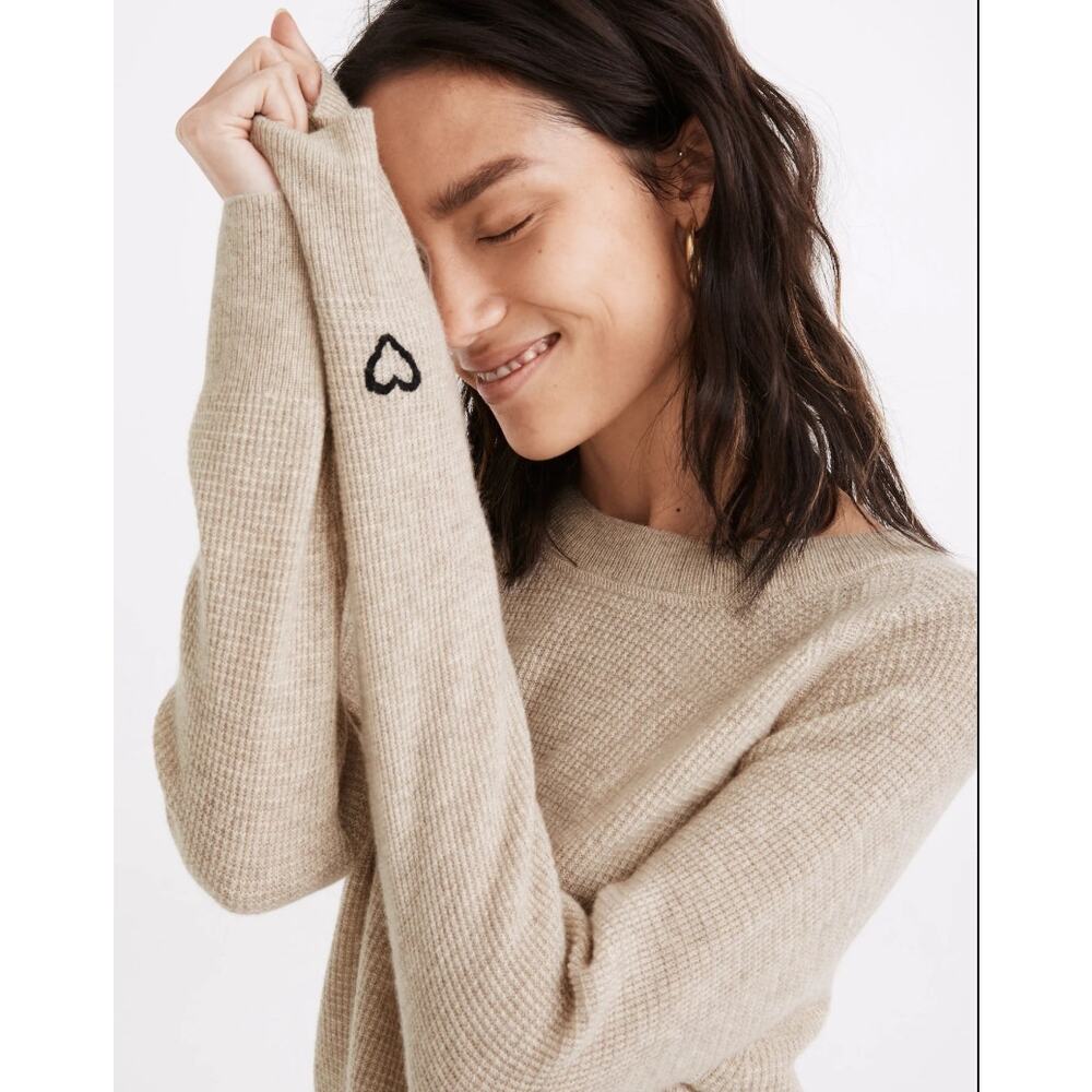 MADEWELL Heart Embroidered Cashmere Shrunken Sweatshirt Heather Birch SMALL